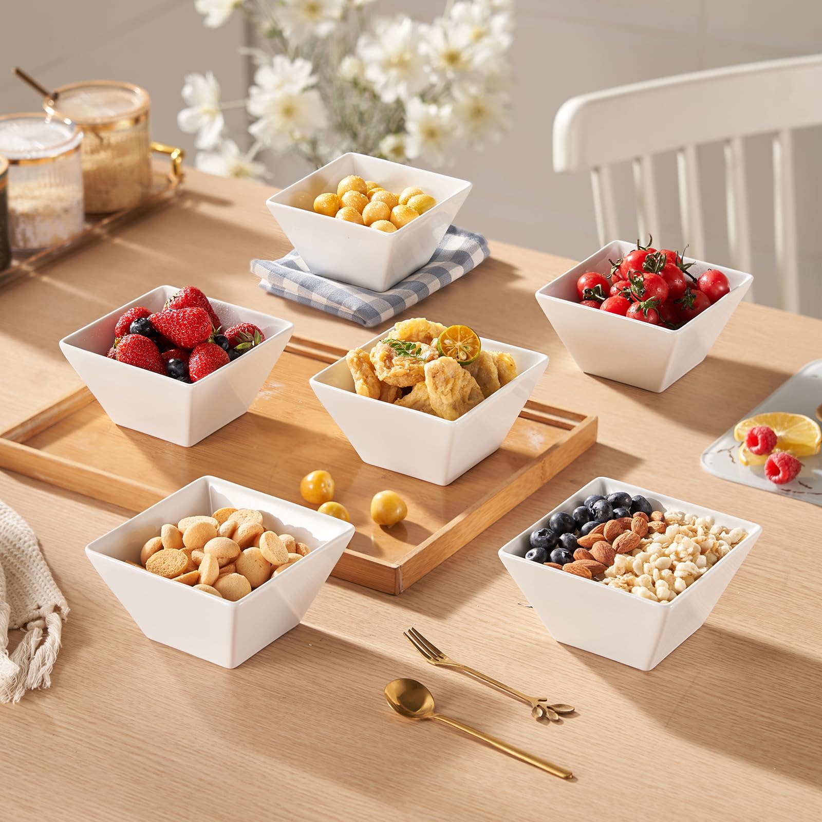 Meideal tazones cuadrados de ceramica, ideales para porciones pequenas y postre.