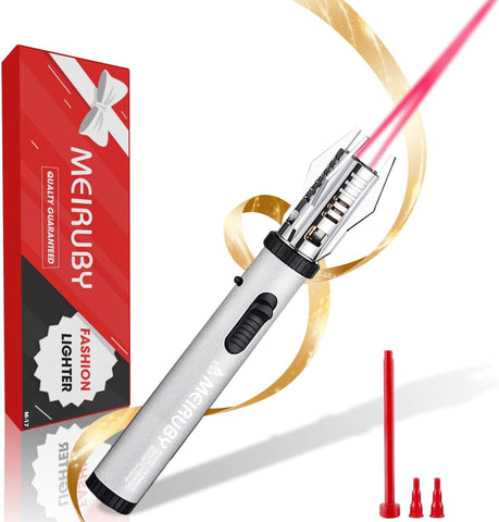 MEIRUBY encendedor tipo sable con llama estable, ideal para exteriores.