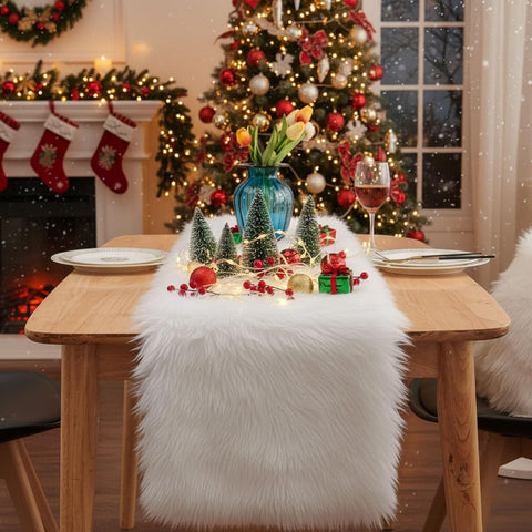 MeiSan corredor de mesa de pelo falso blanco, ideal para un toque elegante en la mesa.