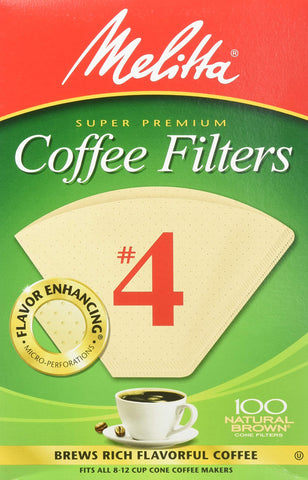 Filtros Melitta cono No 4 con perforaciones microfinas para filtrado limpio.
