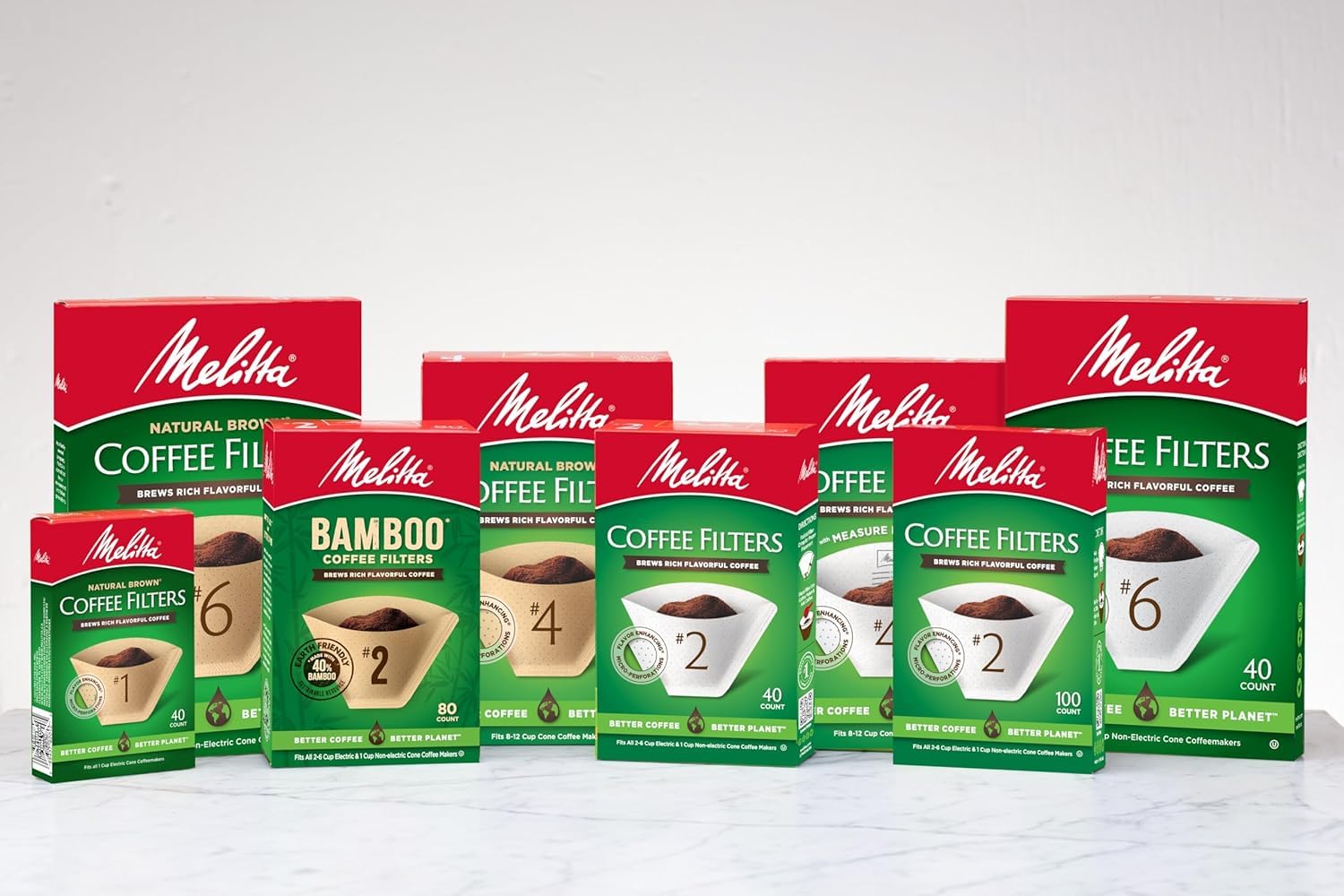 Melitta etiqueta del paquete con información de 100 unidades y compostabilidad