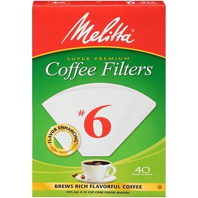 Filtros Melitta cono No. 6, 40 unidades, para cafeteras manuales; mejor aroma y filtrado.