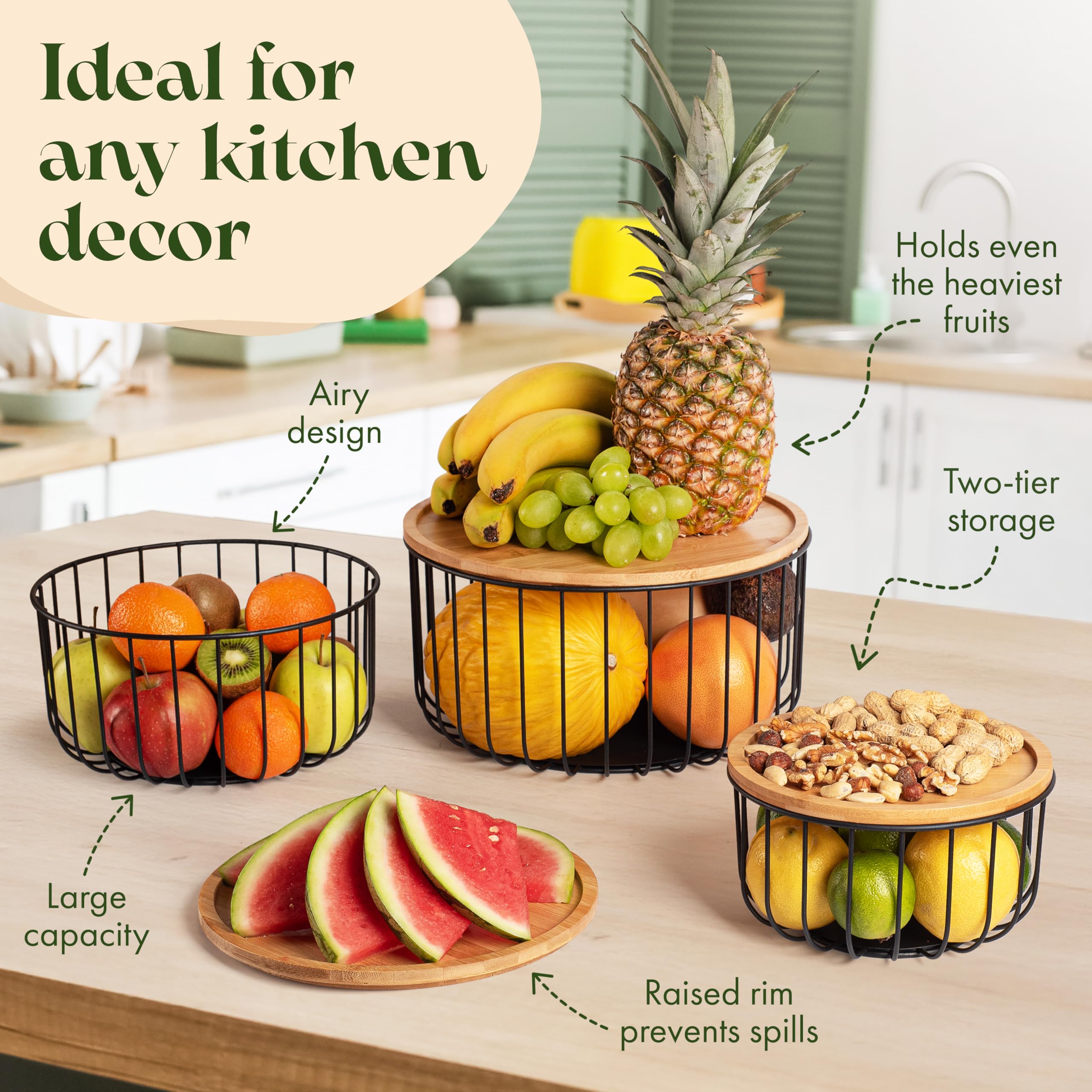 Melka Home: cesta fruta redonda con tapa de bambú para almacenar y conservar frescura.