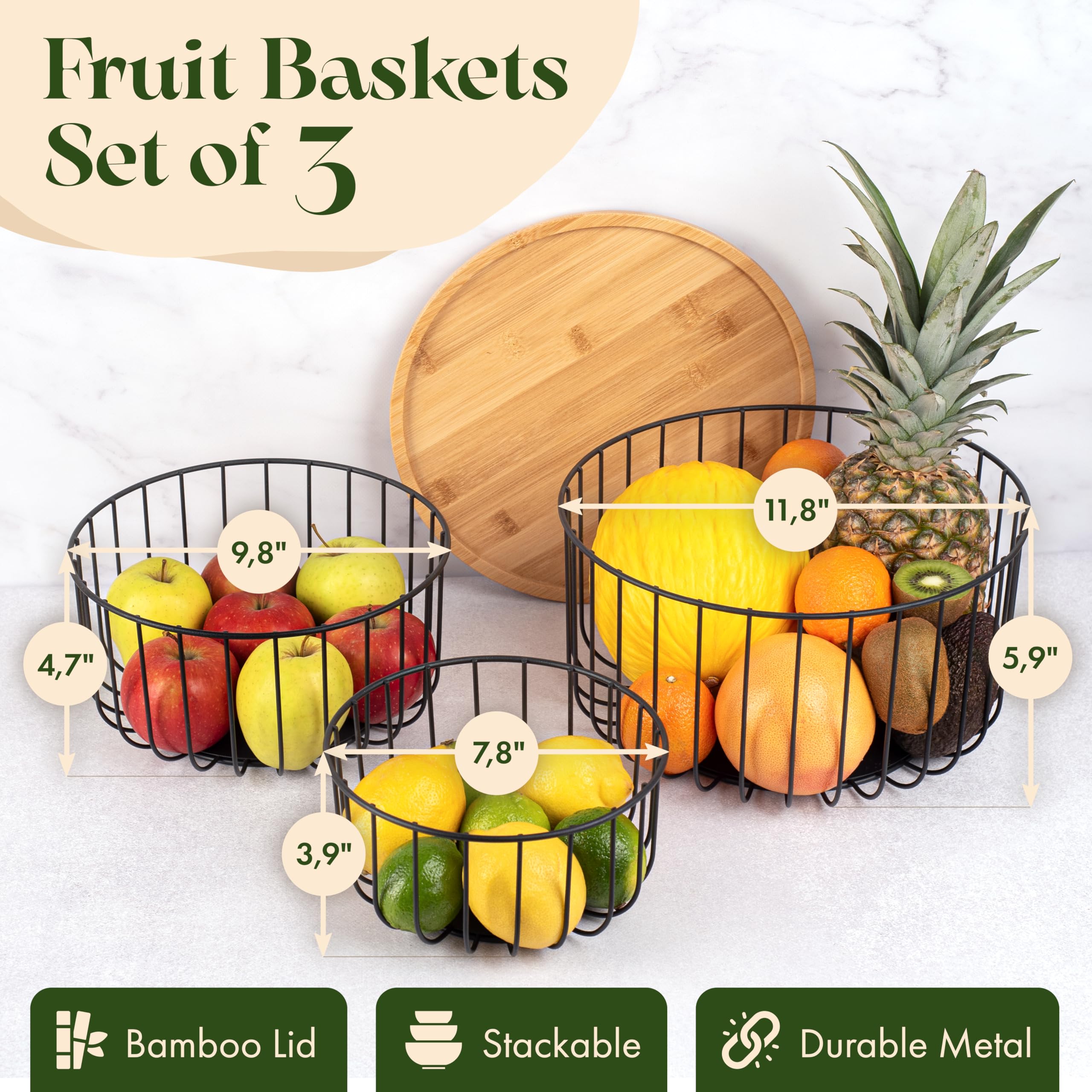 Melka Home: cesta para encimera apilable, forma piramidal para verduras y frutas.