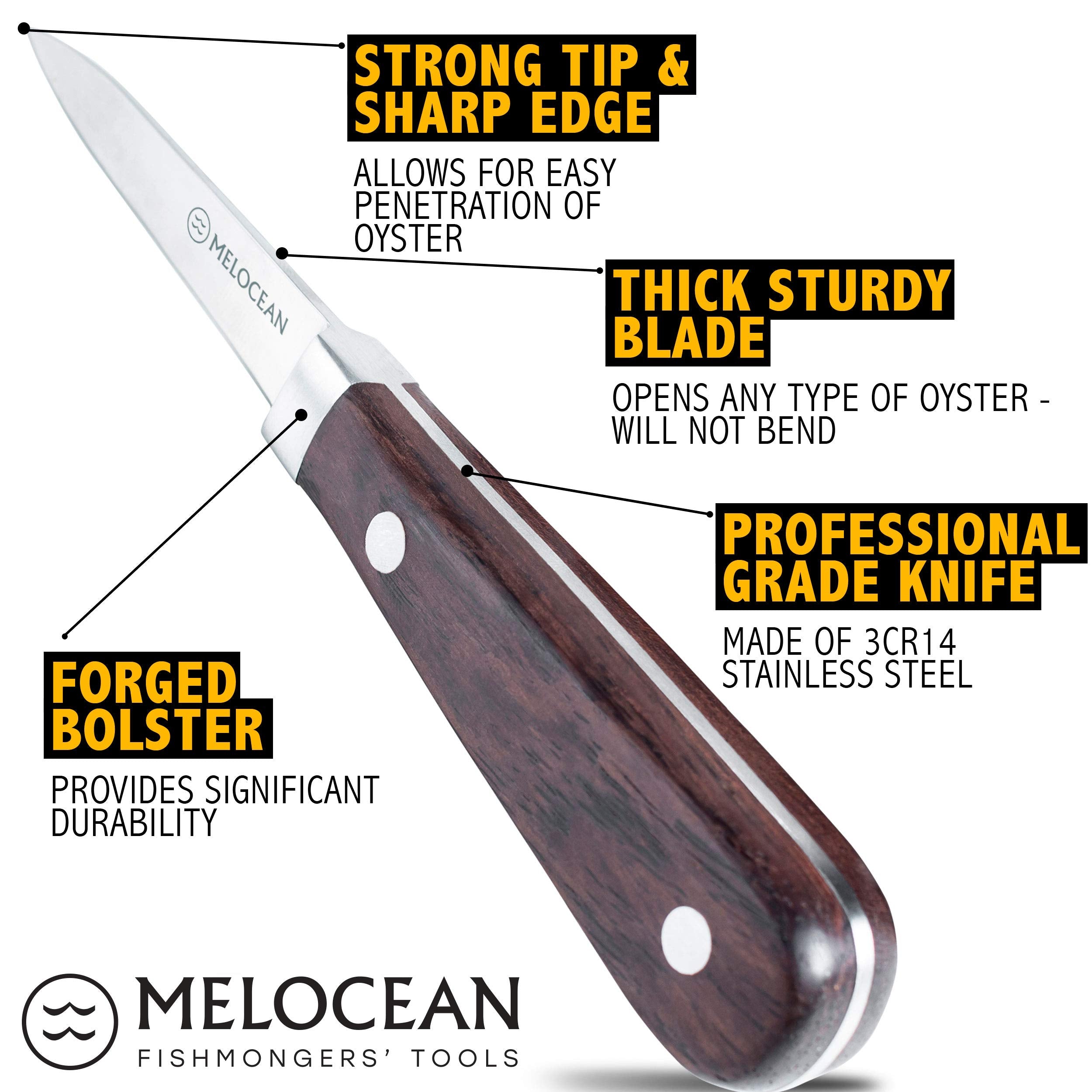 Cuchillo Melocean para ostras de 2,5 pulgadas, corte preciso y seguro.