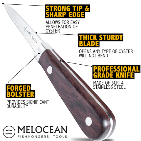 Cuchillo Melocean para ostras de 2,5 pulgadas, corte preciso y seguro.
