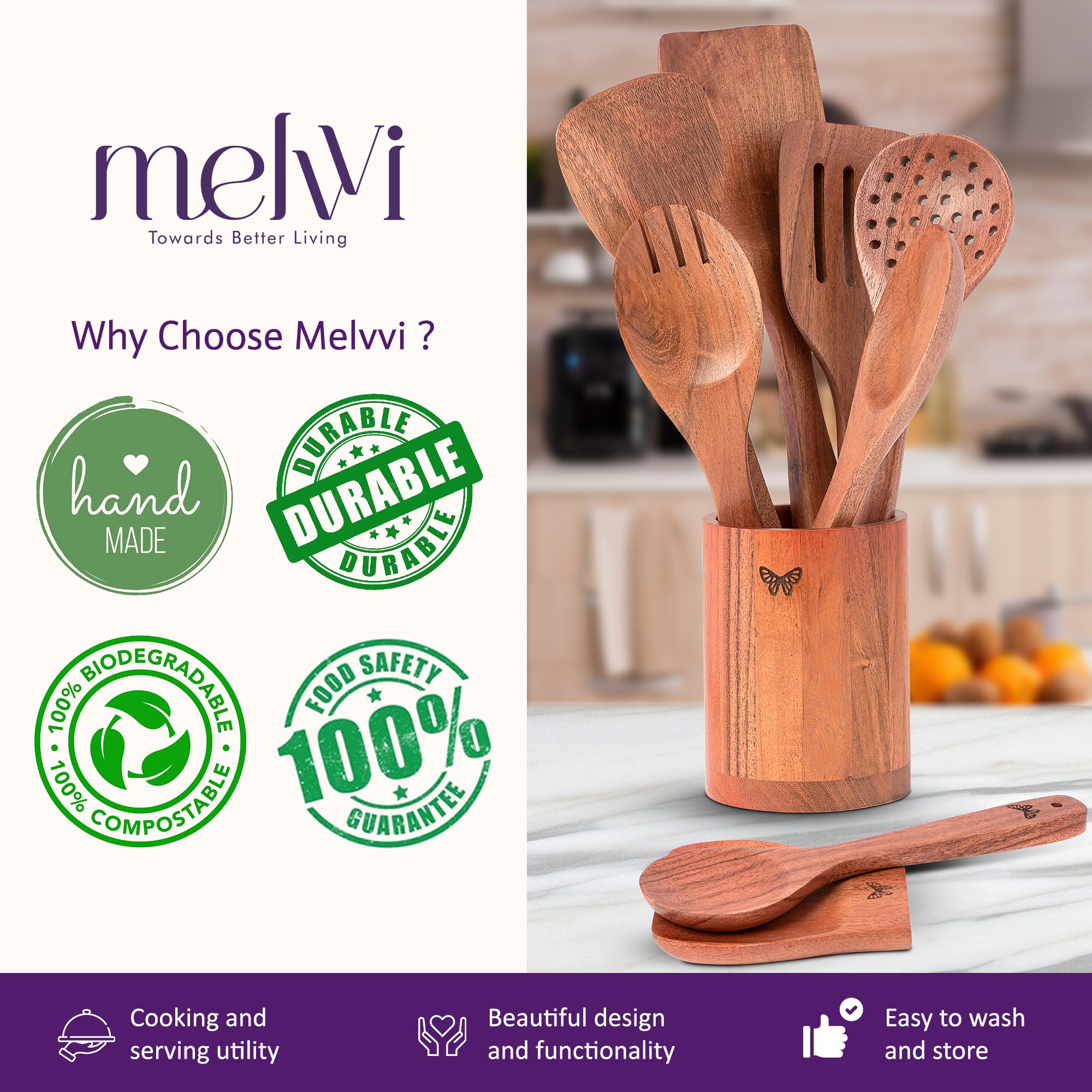Melvvi cuchara de ensalada de madera acacia para servir con precisión