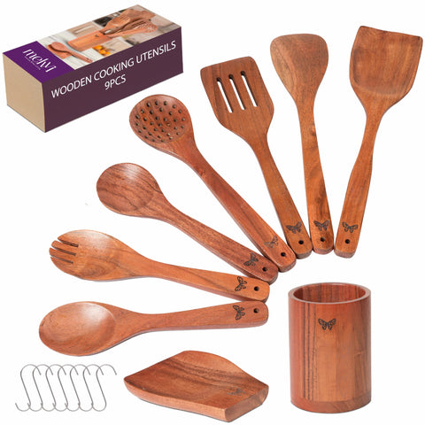 Melvvi set utensilios de cocina en madera acacia, 9 piezas para uso diario seguro