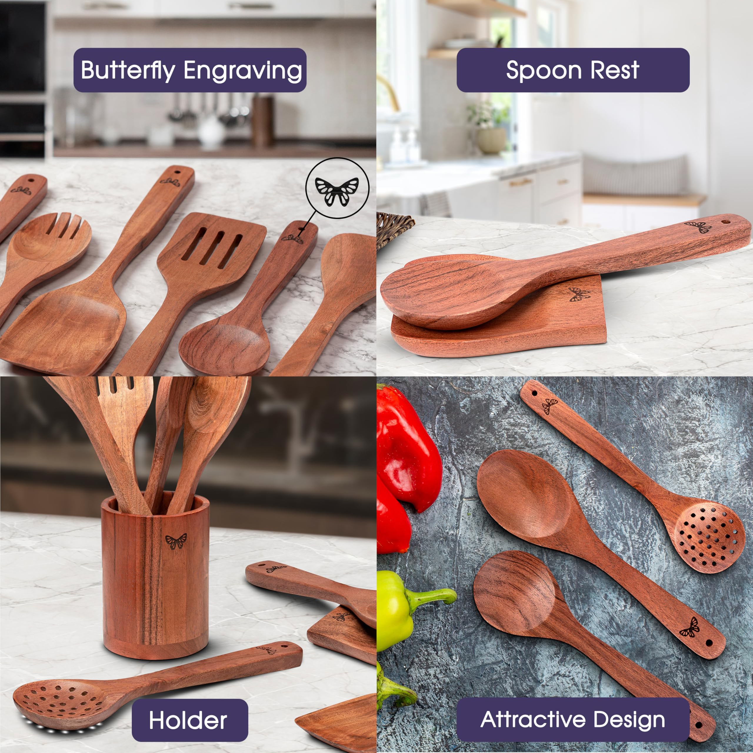 Melvvi tenedor de ensalada de madera acacia para mezclar y presentar
