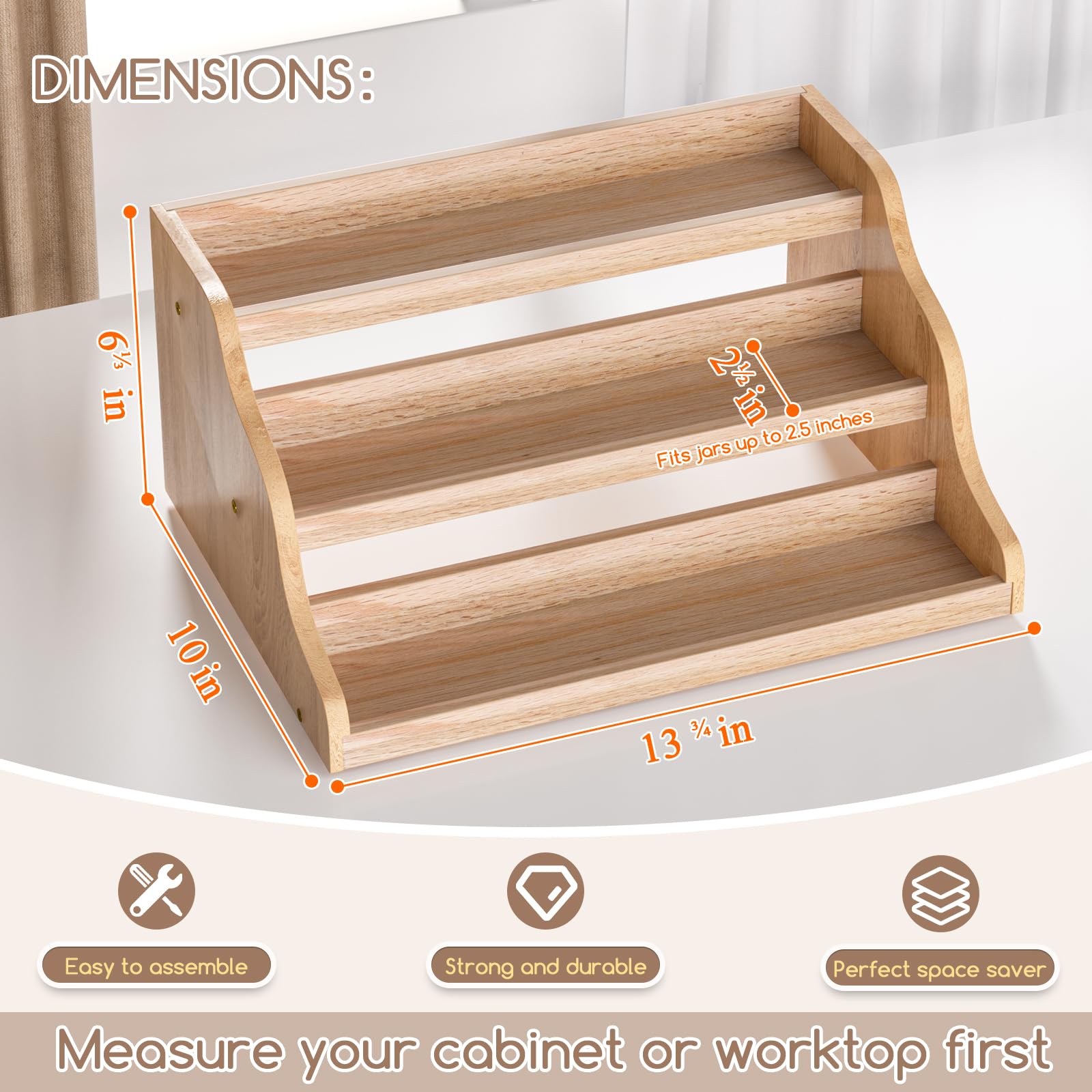 Memanque estante de especias en madera natural para especias, aspecto cálido