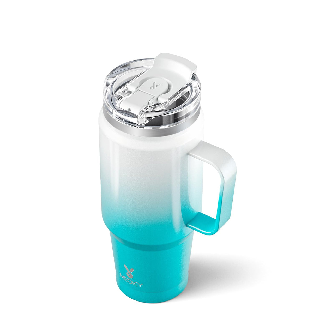 Meoky vaso térmico de 32 oz con tapa hermética, evita derrames y mantiene la bebida fresca.