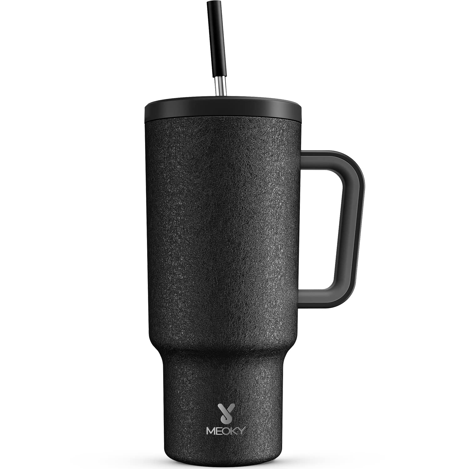 Meoky 40oz tumbler con asa ofrece agarre cómodo para transporte diario.