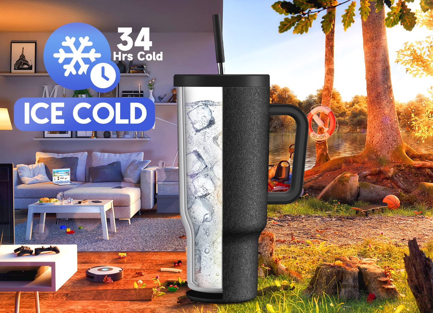 Meoky 40oz tumbler con tapa anti-fugas evita derrames en movimiento.