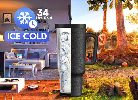 Meoky 40oz tumbler con tapa anti-fugas evita derrames en movimiento.