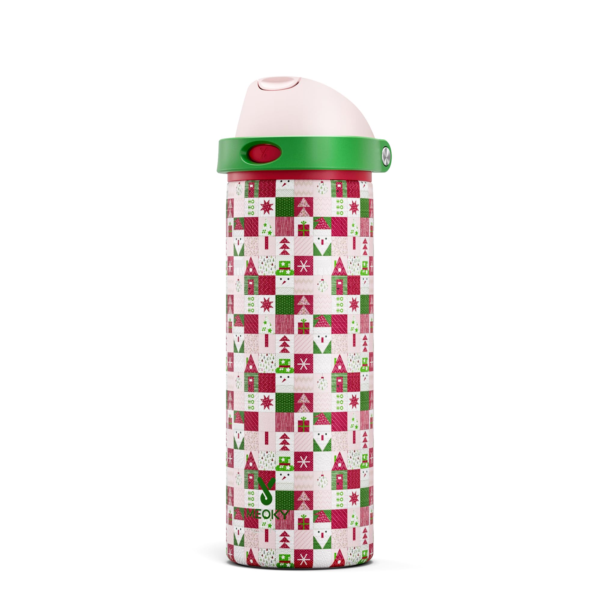 Botella Meoky de acero inoxidable con diseño navideño, frente, mantiene la bebida fría