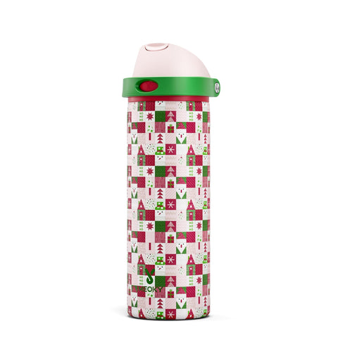 Botella Meoky de acero inoxidable con diseño navideño, frente, mantiene la bebida fría