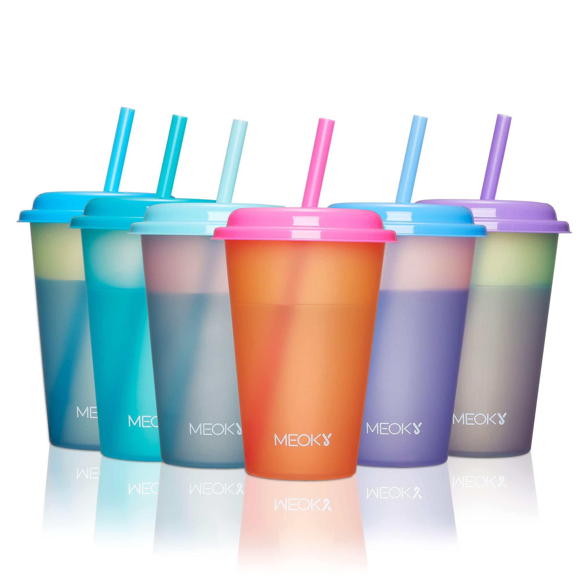 Meoky, copa cambio-color con tapa y pajilla para 12 onzas, ideal para fiestas.
