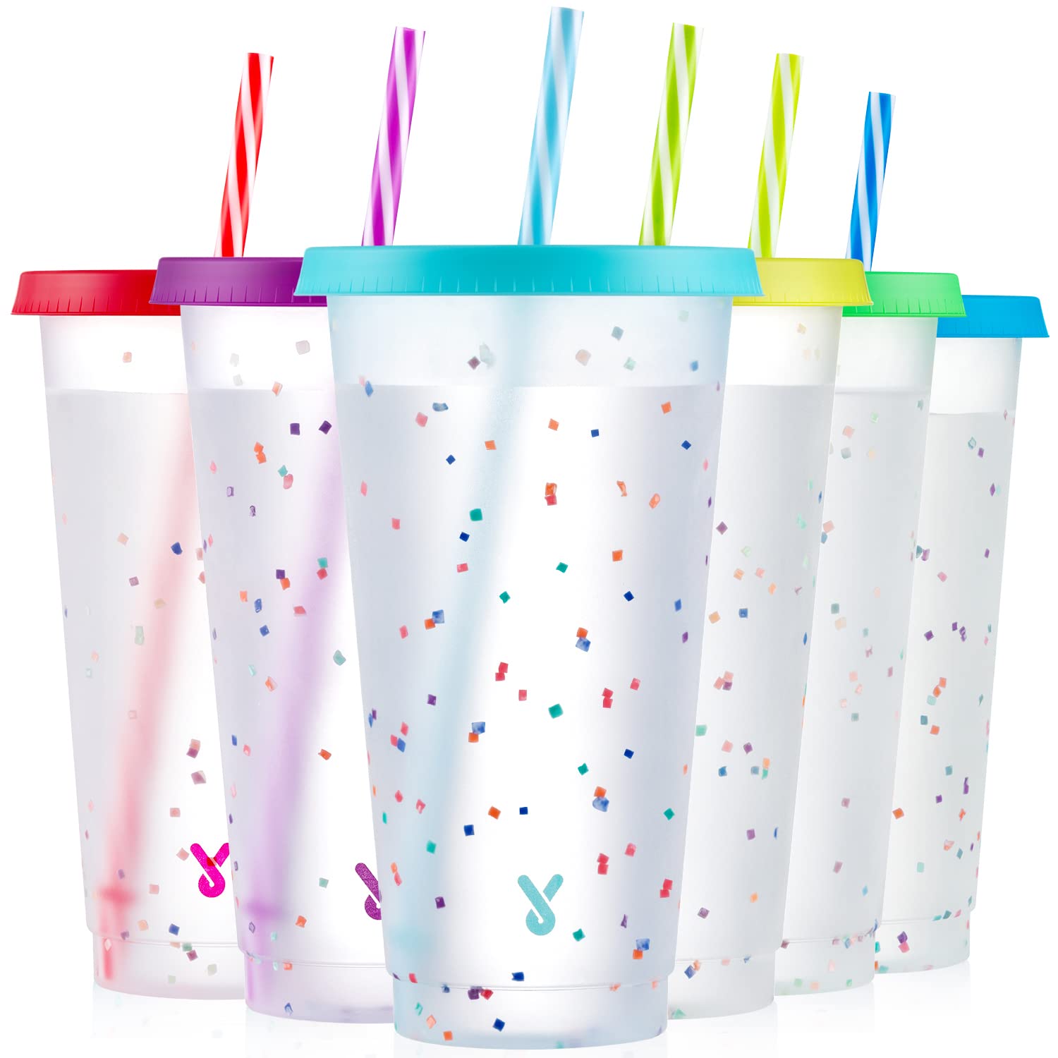 Meoky vaso confetti con tapa y pajitas que cambian color al frío, ideal para fiestas.
