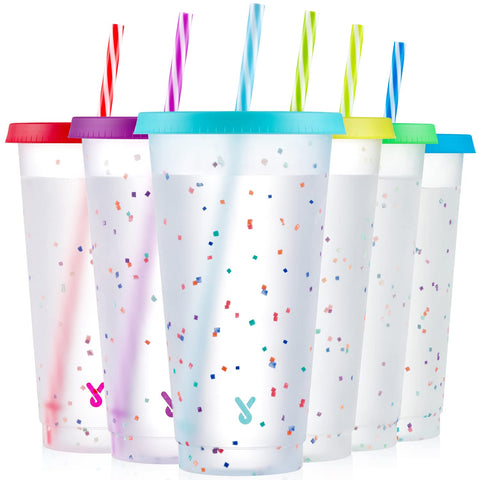 Meoky vaso confetti con tapa y pajitas que cambian color al frío, ideal para fiestas.