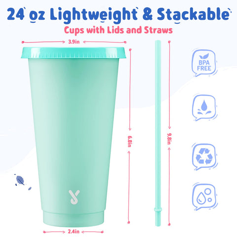 Conjunto Meoky de vasos cambio de color 24oz, tapas y pajillas para reuniones.