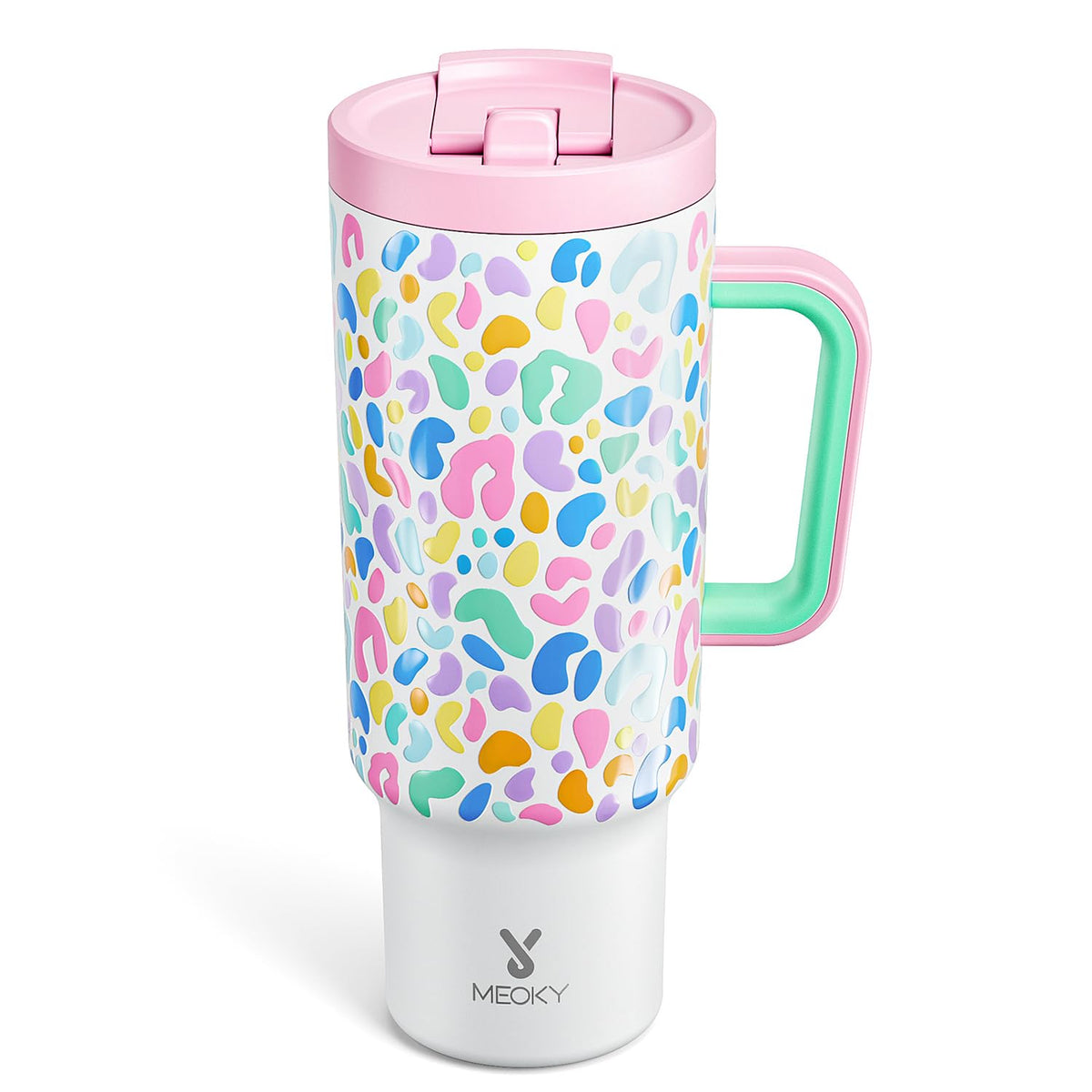 Meoky Leopardo tumbler 40oz con asa: cómodo de llevar diario y mantiene bebidas frías.
