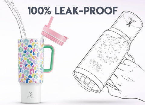 Meoky Leopardo tumbler 40oz doble rosca: sellado seguro para evitar fugas.