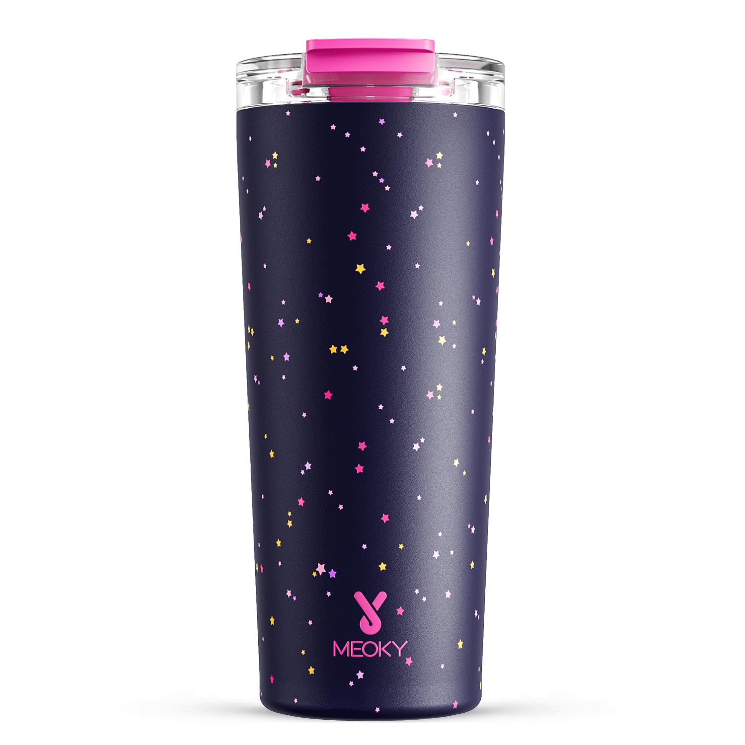 Meoky Plum Stardust con tapa antifugas, ideal para café caliente en movimiento.