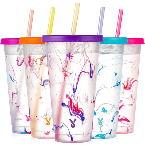 Meoky tazas cambio color con tapas y pajillas, perfectas para fiestas y uso diario.