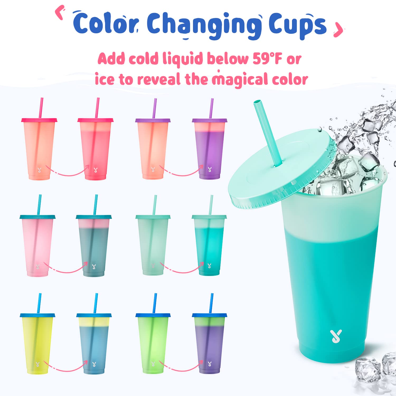 Vaso Meoky plástico sin BPA con cambio de color y tapa, perfecto para llevar.