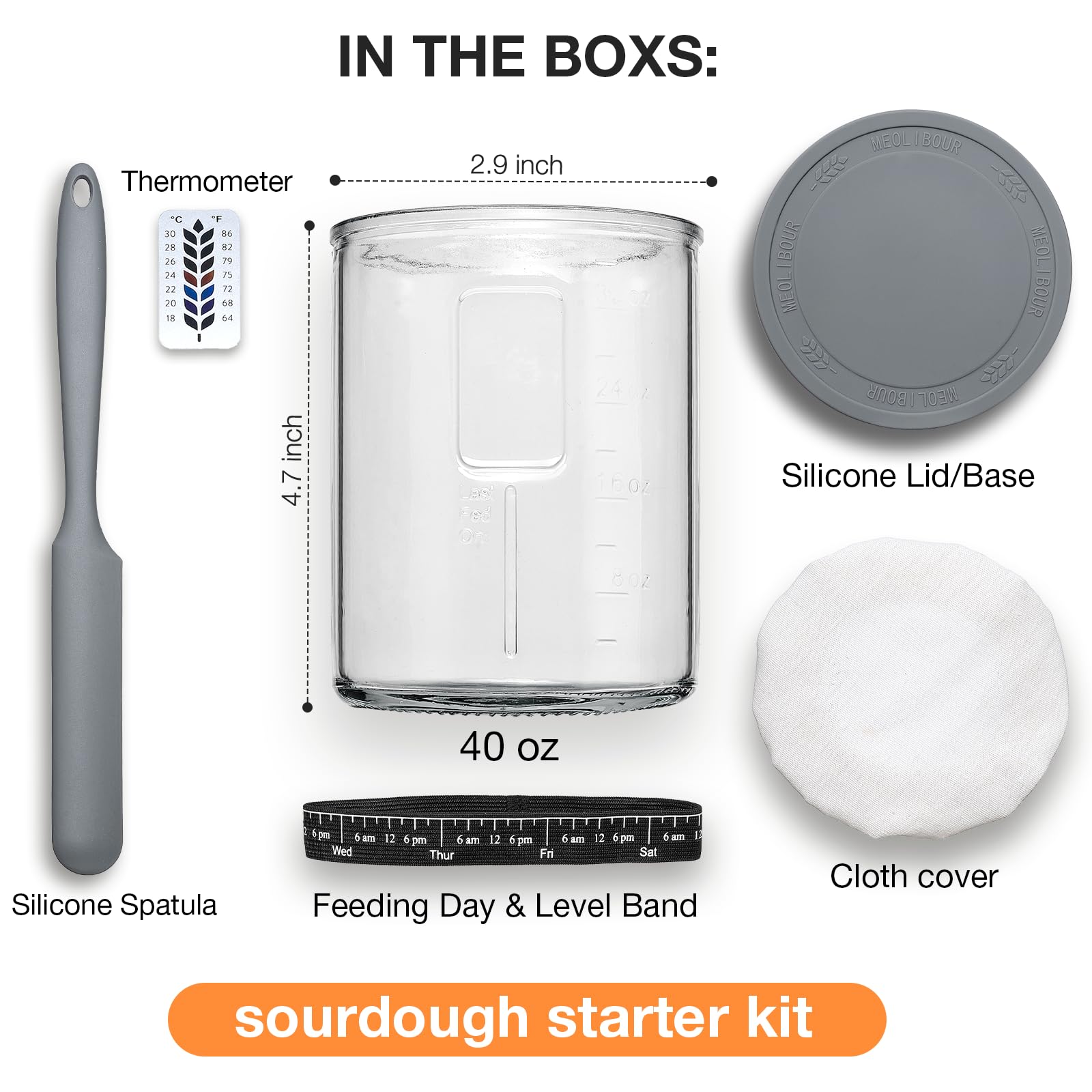 Meolibour tarro con marcas de medida grabadas para control de alimentación.