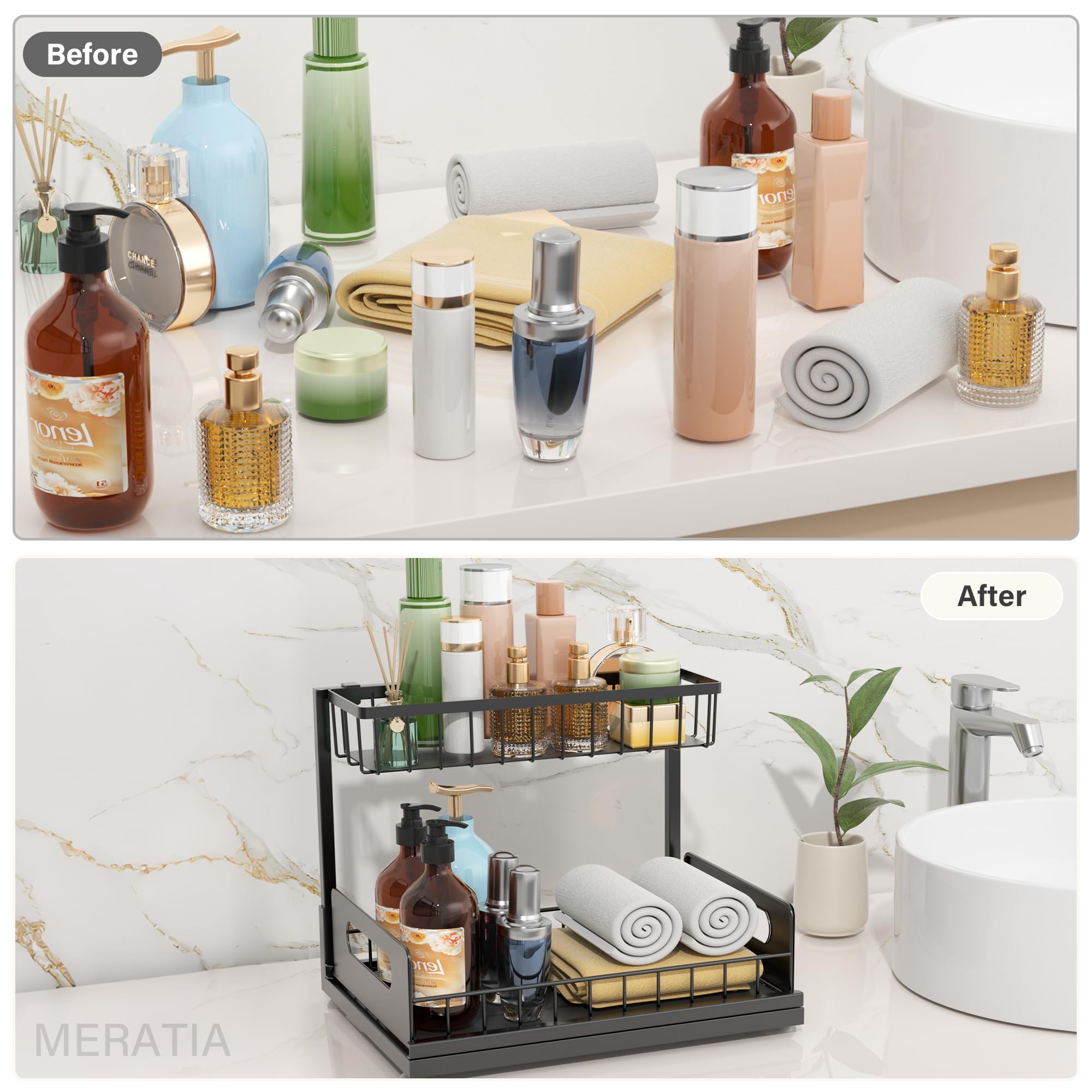 MERATIA uso en cocina y baño para almacenamiento limpio.