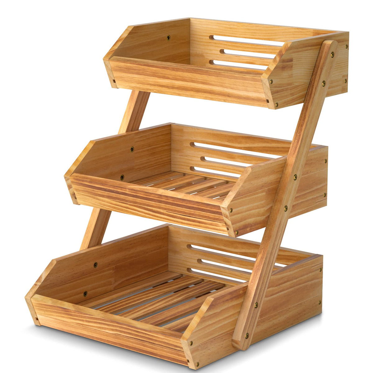 Cesta de fruta de tres niveles Merysen en madera para cocina, ideal para exhibir frutas frescas