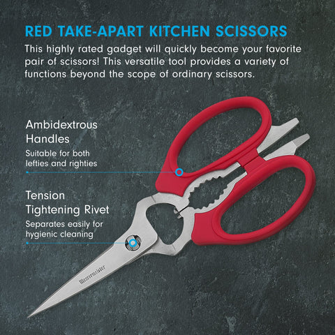 Tijeras Messermeister con destornillador incorporado para reparaciones rápidas en la cocina.