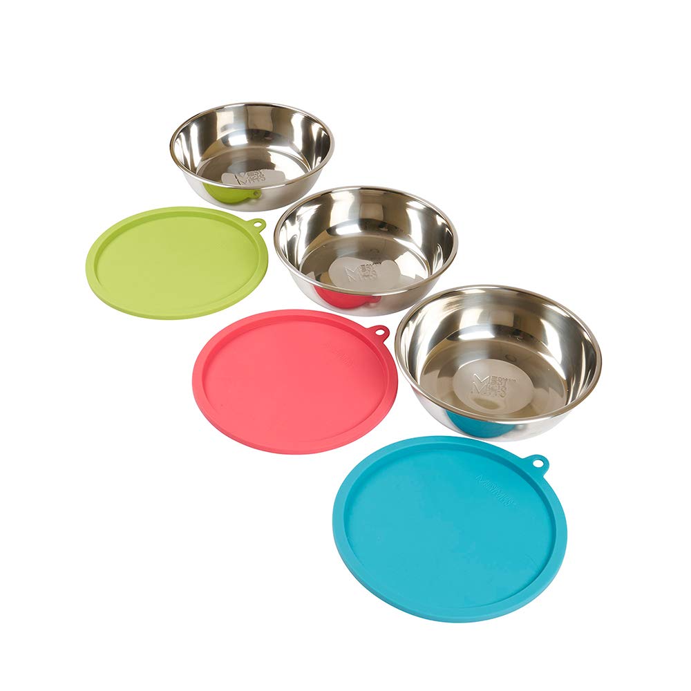 Messy Mutts: juego de tazones de acero inoxidable con tapas de silicona para viaje