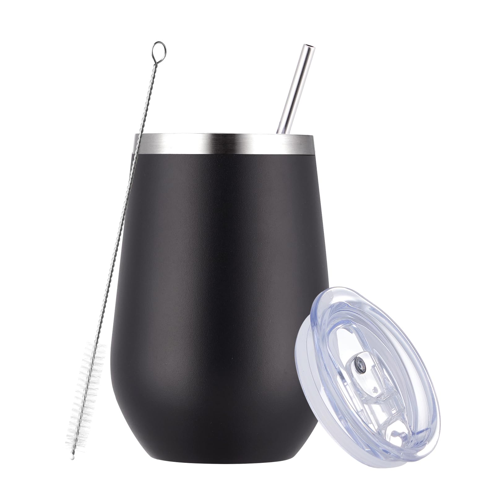 MEWAY Vaso de vino 12oz con tapa y pajilla, ideal para llevar bebidas frías o calientes.