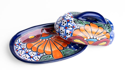 MEXTEQUIL detalle pintado floral azul para mesa artesanal