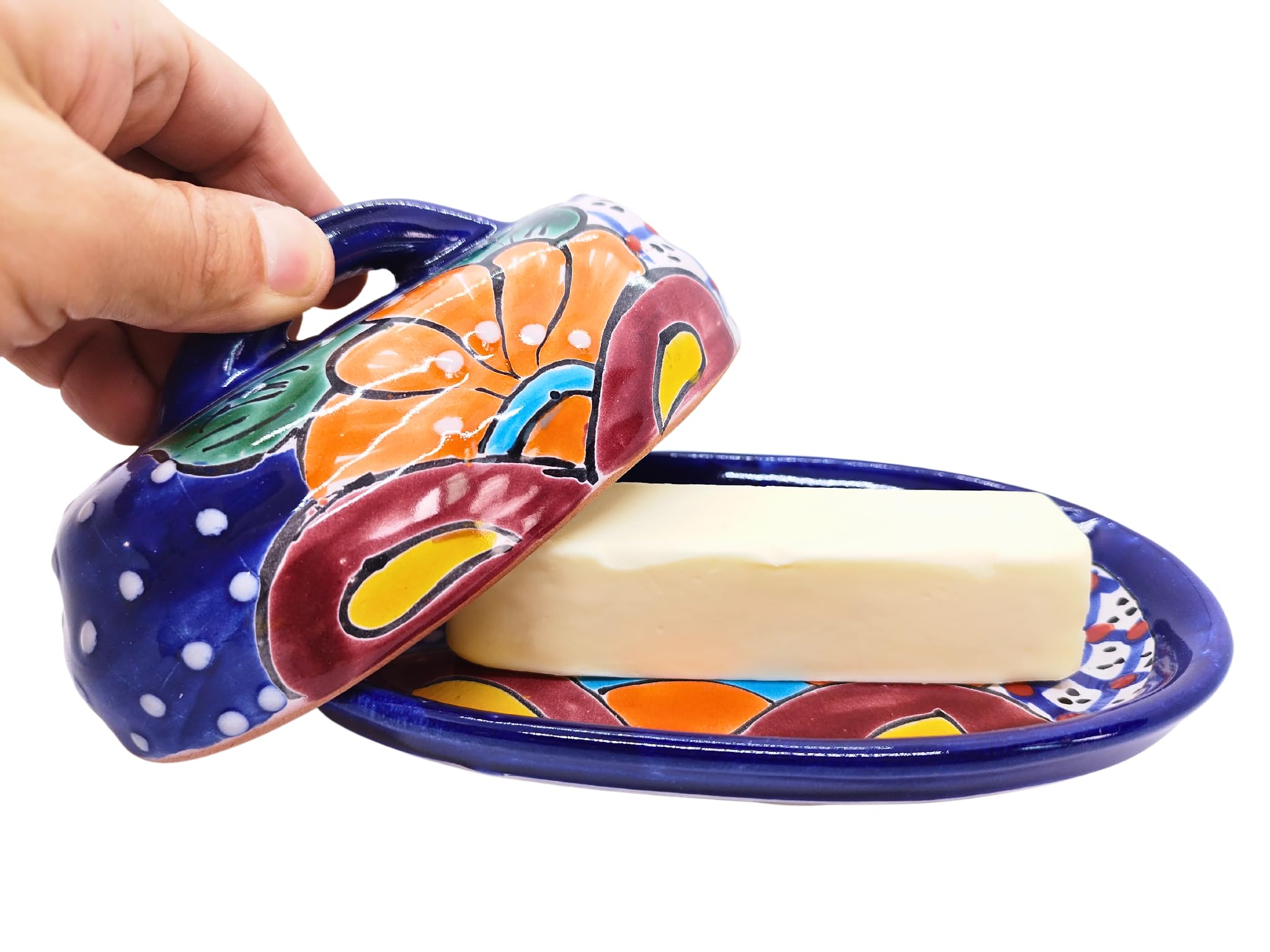 MEXTEQUIL diseño floral Talavera azul en mantequera