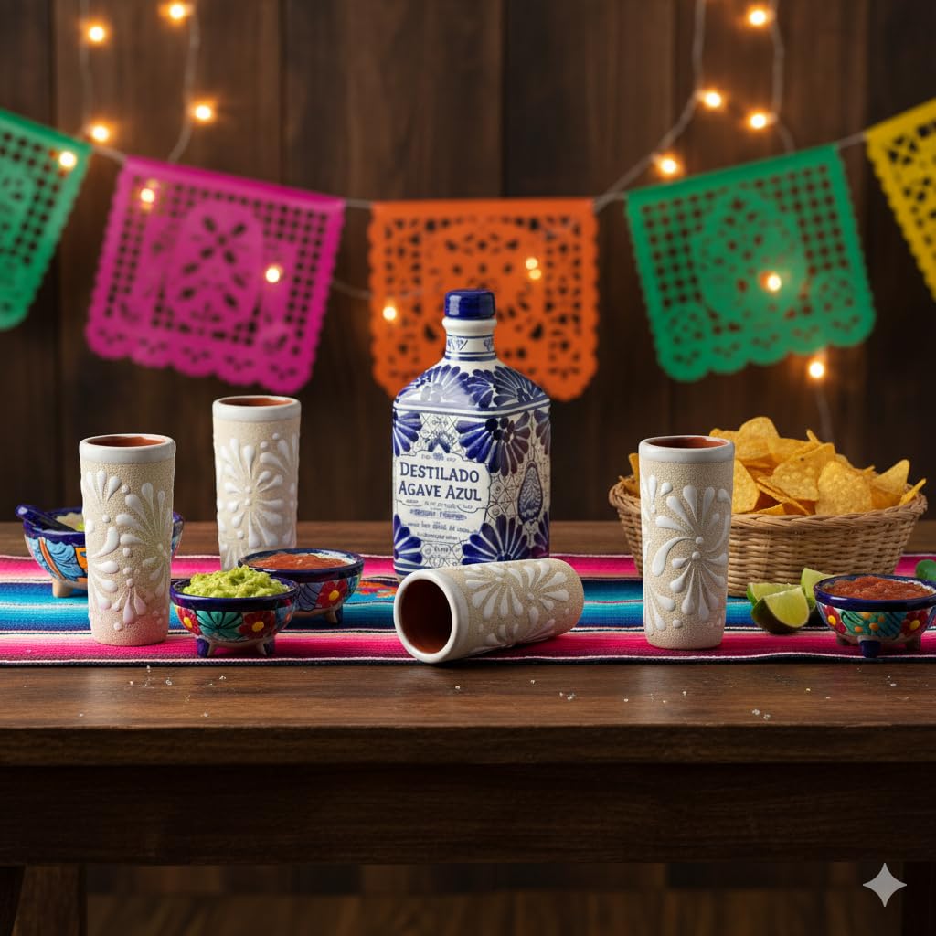Vaso chupito MEXTEQUIL con diseño floral blanco, perfecto para mezcal.