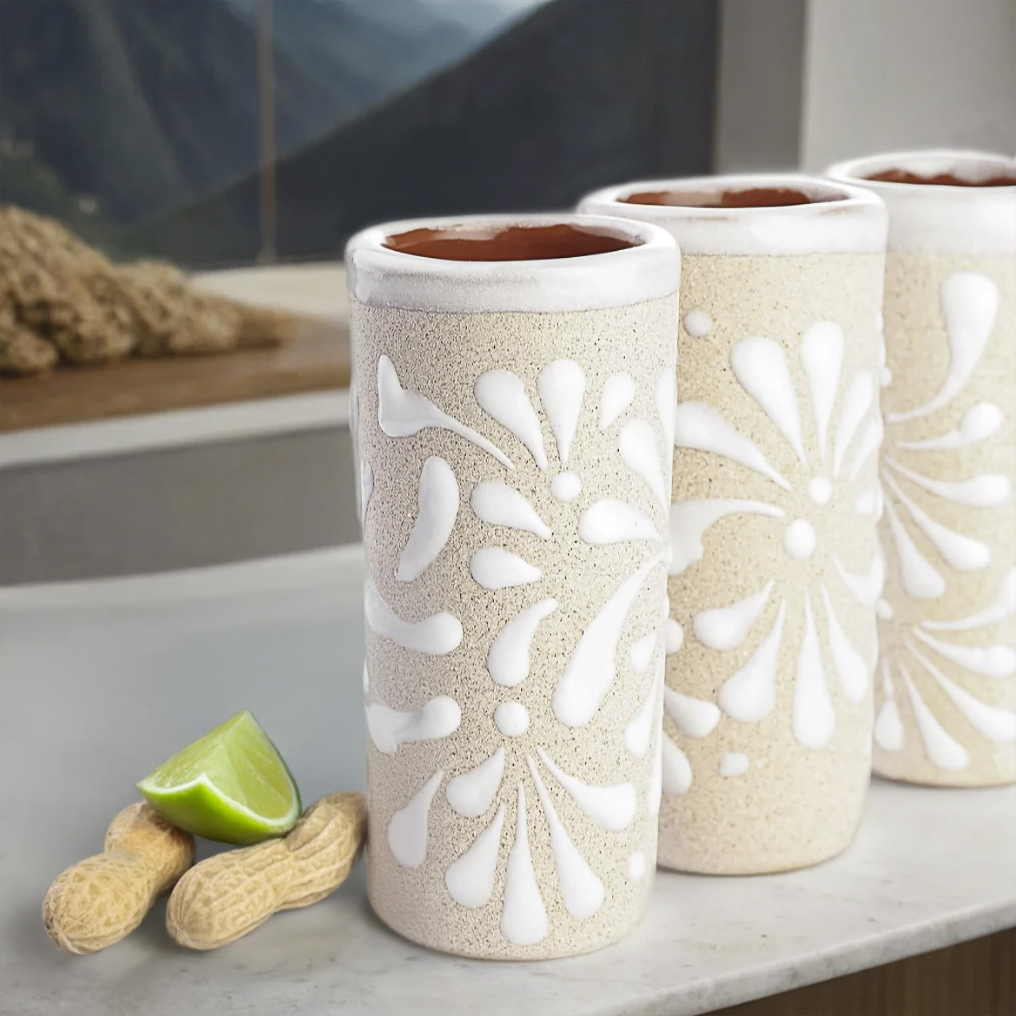 Vasos chupito cerámicos MEXTEQUIL interior terracota para bebidas artesanales.