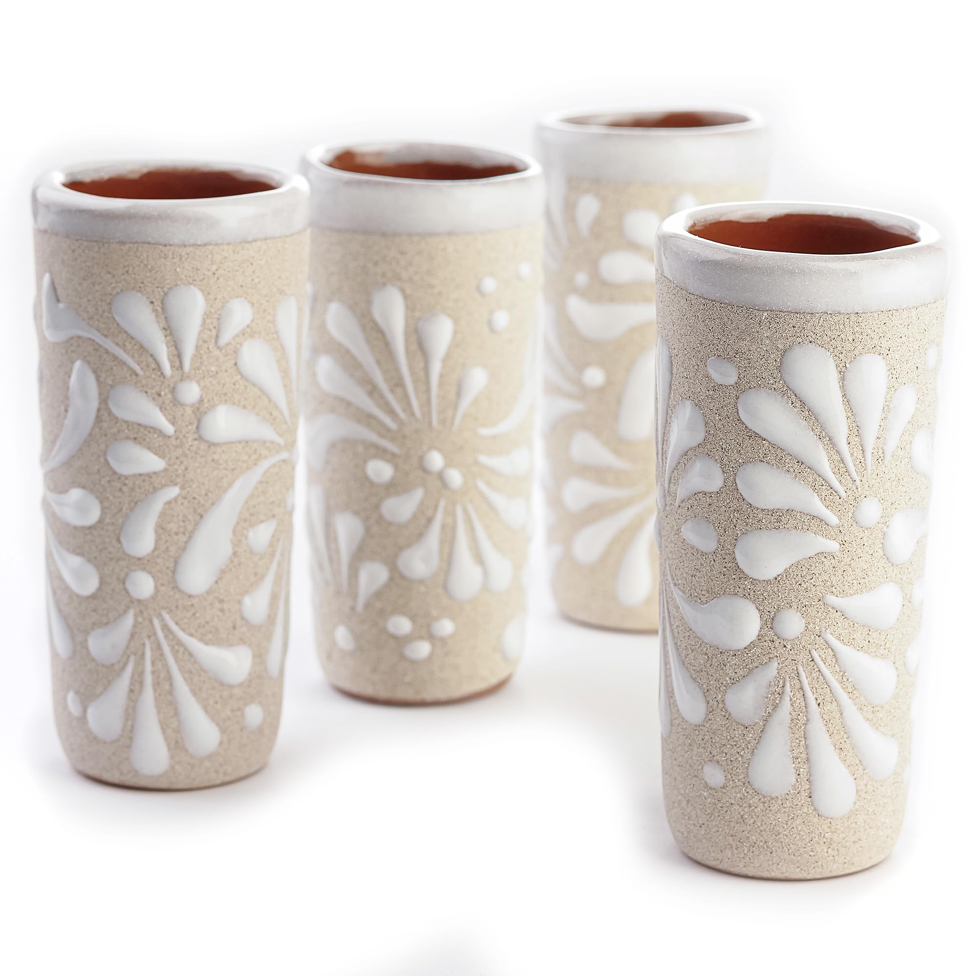 Vasos chupito MEXTEQUIL acabado blanco floral, ideal regalo artesanal.