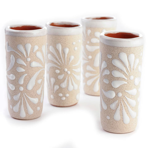 Vasos chupito MEXTEQUIL acabado blanco floral, ideal regalo artesanal.