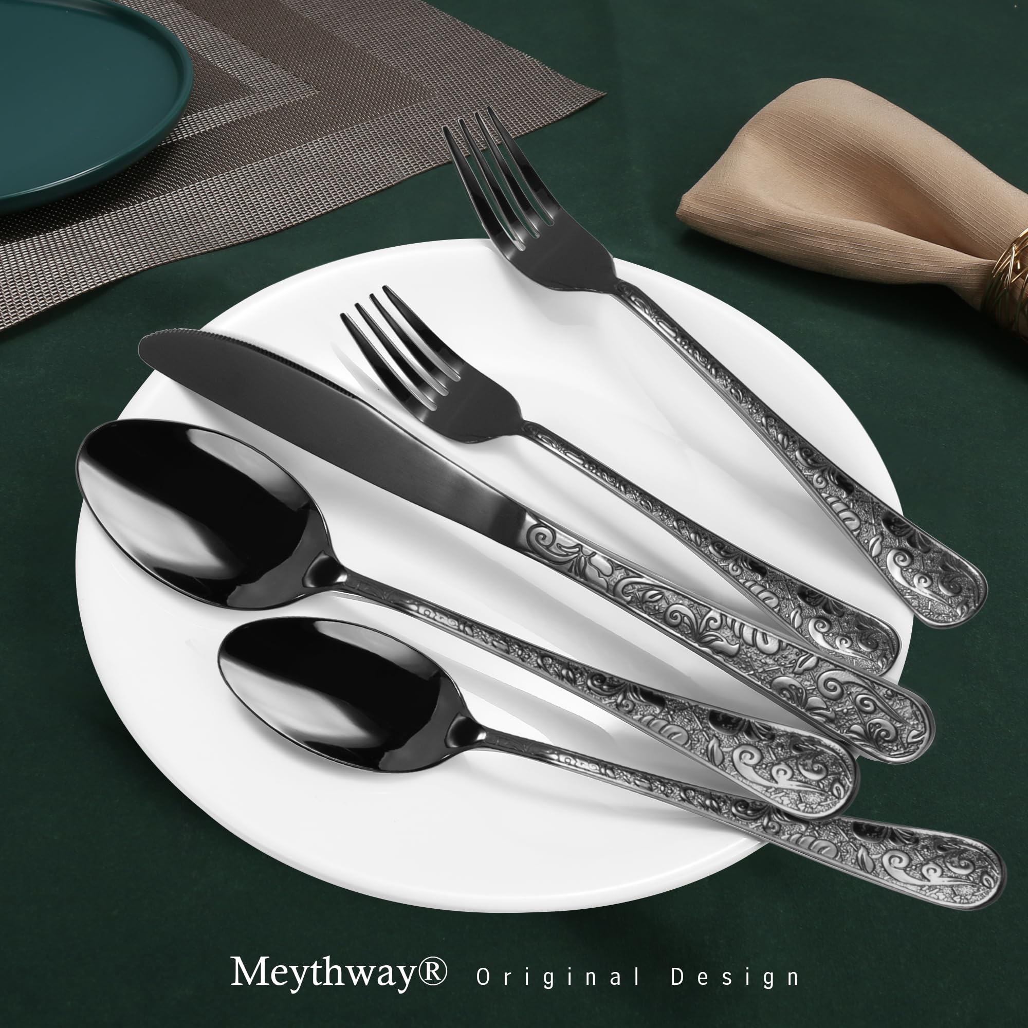 Meythway cubiertos negro vintage, detalle embossado que mejora el agarre.