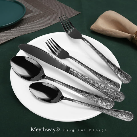 Meythway cubiertos negro vintage, detalle embossado que mejora el agarre.