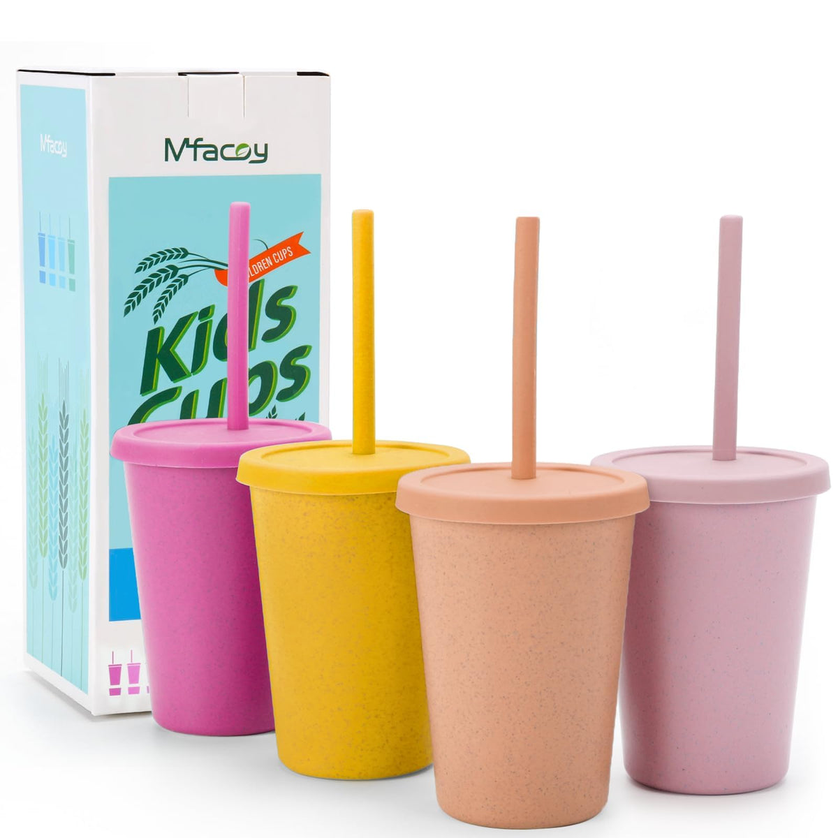 Mfacoy copas de trigo 10 oz, colores brillantes, con tapa y pajilla para niños.