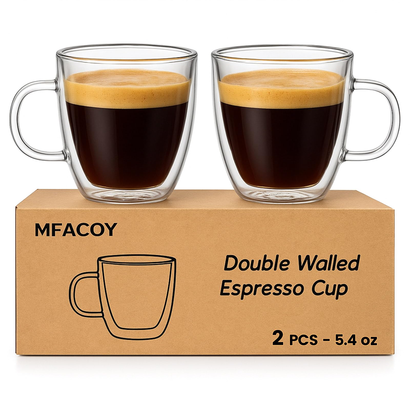 Vaso espresso doble pared Mfacoy con mango, ideal para porciones de 5,4 onzas.