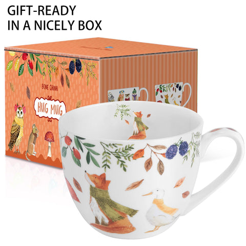 MFoffice taza de hueso con pato en escena otoñal, ideal para chocolate caliente.
