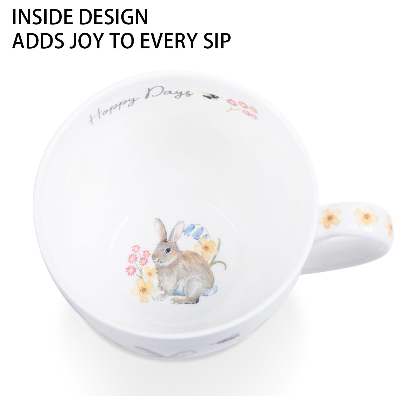 MFoffice Taza con lema Happy Days: conejo entre flores para alegrar el día.