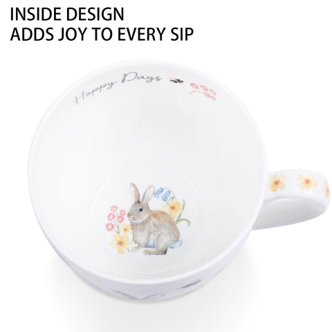 MFoffice Taza con lema Happy Days: conejo entre flores para alegrar el día.