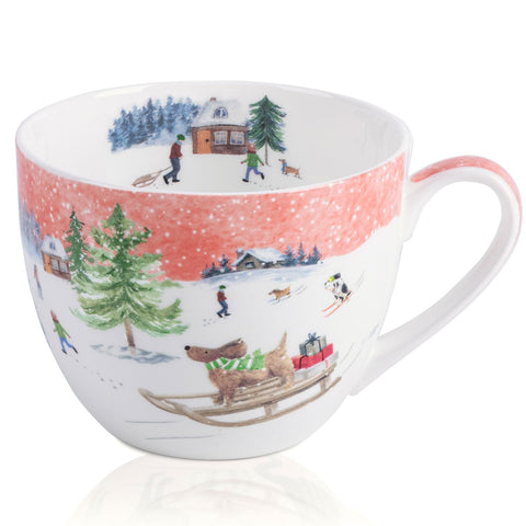Taza MFoffice navideña con perro y trineo, ideal para chocolate caliente.