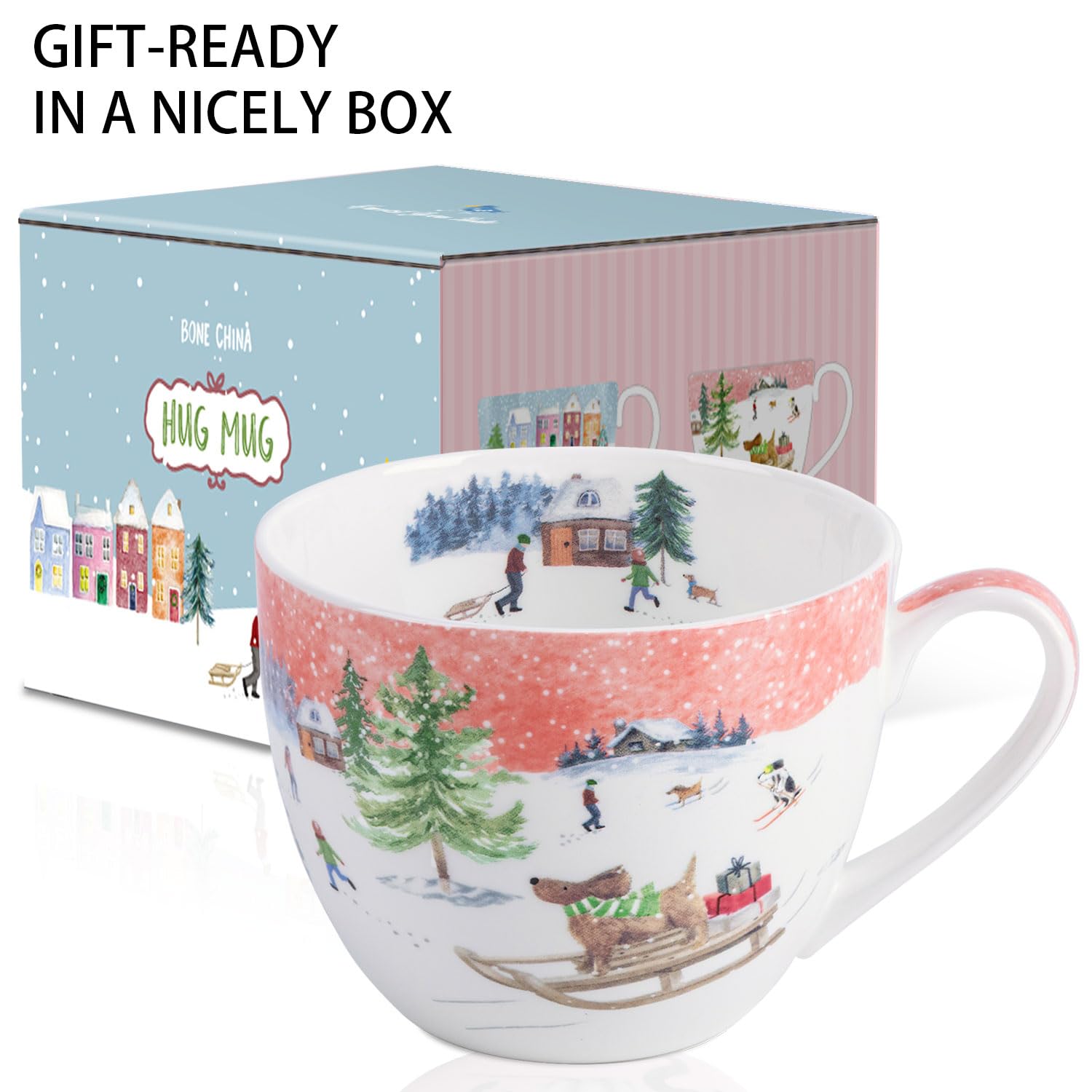 Taza MFoffice con pinos nevados, perfecta para disfrutar chocolate caliente en inviernos.